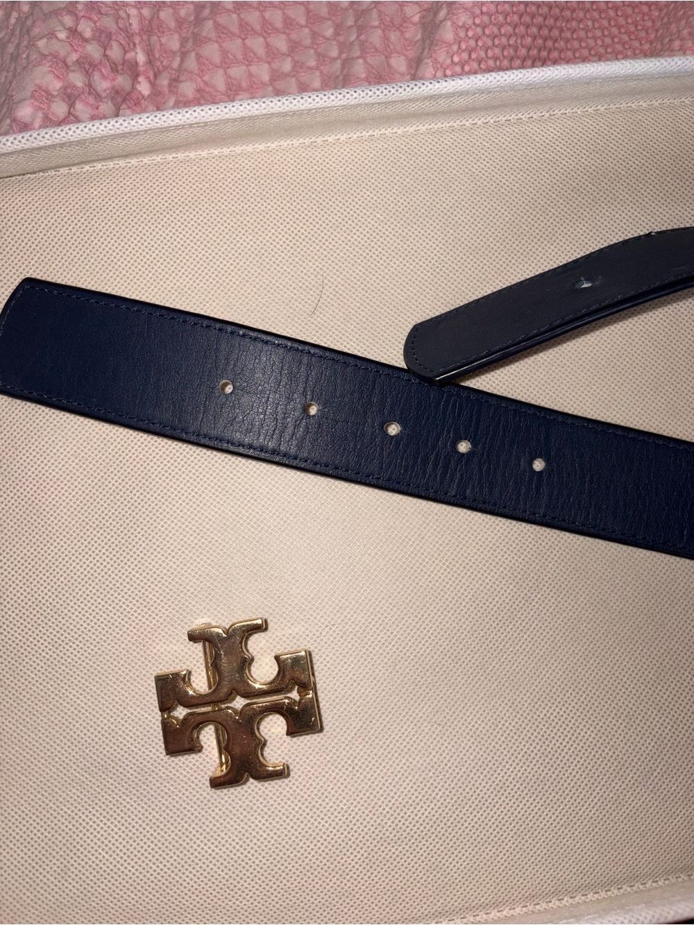 Tory Burch Navy Leather Belt with Gold Logo Buckle - Picture 4 of 12